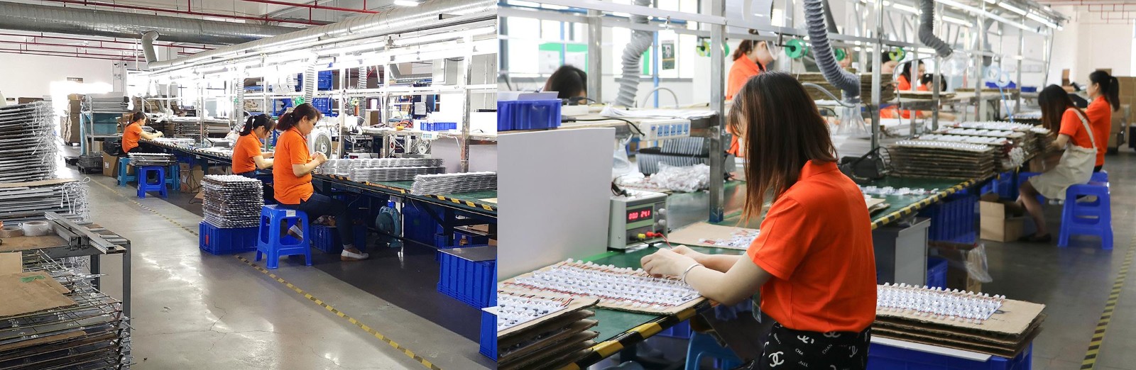 LED module assembly workstations and production team in the workshop